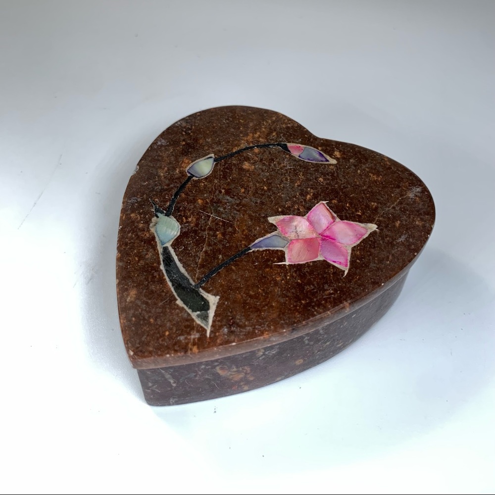 Vintage Heart Stone Pink Floral Flower Pearl Shell Inlay Trinket Jewlery Box